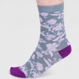 Thought Ellianna Organic Cotton Floral Socks - Eucalyptus Blue - UK4-7